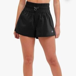 Champion Women's High-Waisted Woven Shorts Black C Patch Logo Bungee Cord M